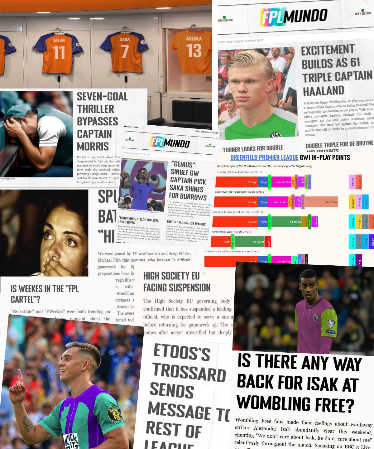 A scrapbook of FPL Mundo mini-league newspaper editions — real headlines from real leagues